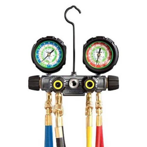 Main product image of 4 Valve Aluminum Manifold w/ 60" Hoses & Low Loss Ball Valve Adapters, R22/R404A/R410A (0-800 psi)
