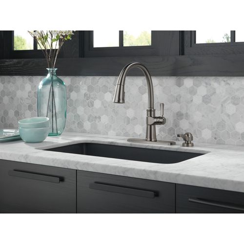 Main product image of 1 Handle Pull-down Kitchen Faucet w/ Soap Dispenser & Shieldspray (Black Stainless), 19964Z-KSSD-DST