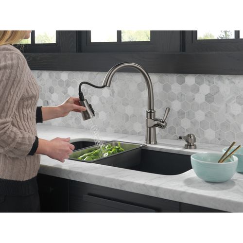 Main product image of 1 Handle Pull-down Kitchen Faucet w/ Soap Dispenser & Shieldspray (Black Stainless), 19964Z-KSSD-DST