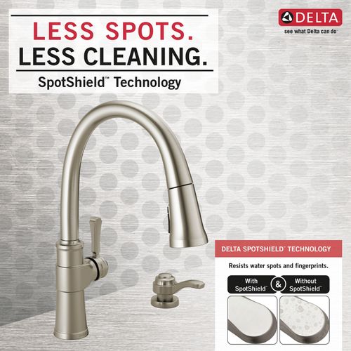 Main product image of Spargo 1 Handle Pull-down Kitchen Faucet w/ Soap Dispenser & Shieldspray (Spotshield Stainless), 19964Z-SPSD-DST