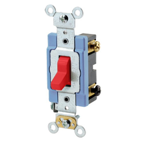 Main product image of 15A, 120/277V Toggle 3-way AC Quiet Switch, Extra Heavy Duty Spec Grade, Self Grounding, Back Wired (Red)