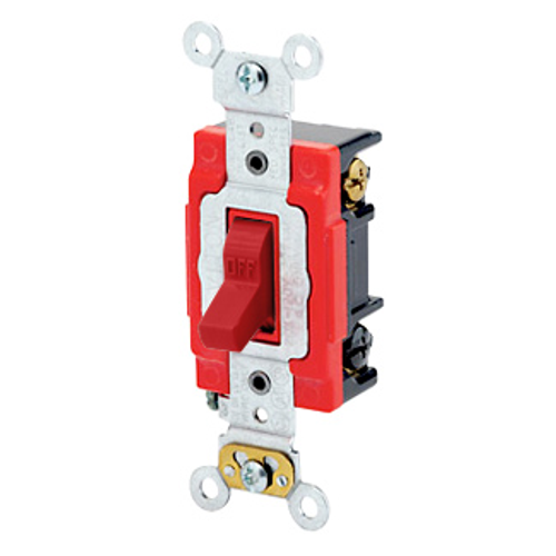 Main product image of 20A, 120V Toggle Lighted Handle, Illuminated Off 3-way AC Quiet Switch, Extra Heavy Duty Spec Grade, Self Grounding, Back & Side Wired, (Red)