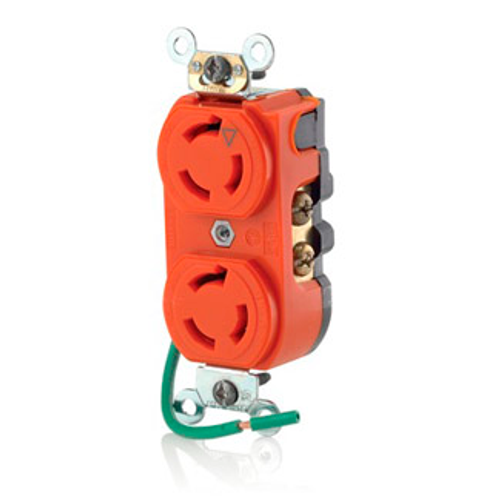 Main product image of 15A, 250V NEMA L6-15R, 2P, 3W, Duplex Locking Receptacle, Isolated Ground, Integral 6" Ground Lead (no ground screw) (Orange)