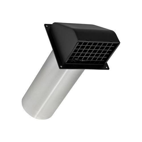 Main product image of 4" Black Plastic Wall Exhaust Hood Vent w/ Spring Damper & Screen, Flat Flange, 11" Pipe