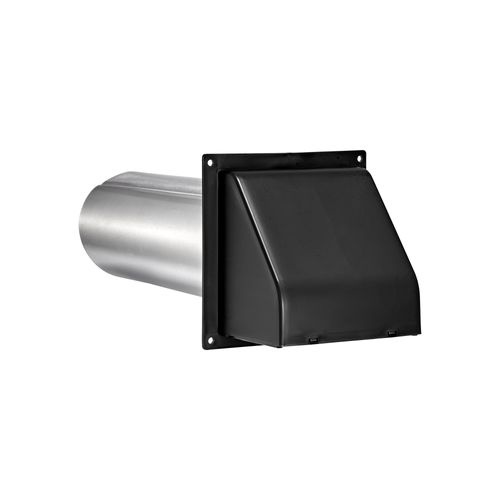 Main product image of 4" Black Plastic Wall Exhaust Hood Vent w/ Spring Damper & Screen, Flat Flange, 11" Pipe