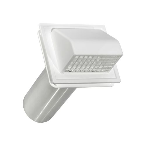 Main product image of 4" White Plastic Wall Exhaust Hood Vent w/ J-Channel, Spring Damper, Removable Screen, 11" Pipe