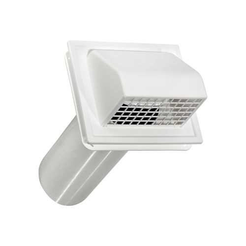 Main product image of 4" White Plastic Wall Exhaust Hood Vent w/ J-Channel, Spring Damper, Removable Screen, 11" Pipe