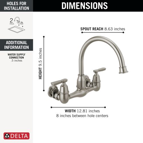 Corin 2 Handle Wall Mounted Kitchen Faucet (Stainless)