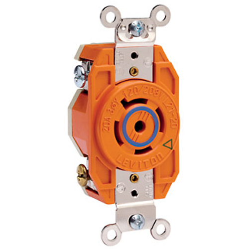 Main product image of 20A, 120/208V 3-Phase Y, NEMA L21-20R, 4P, 5W, Flush Mtg Locking Receptacle, Isolated Ground, V-0-MAX (Orange)