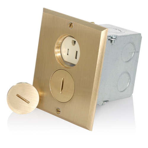 Main product image of 1-Gang Floor Box Receptacle, 15A 125V 2P 3W Tamper Proof, Straight Blade, Brass Plate (Ivory)