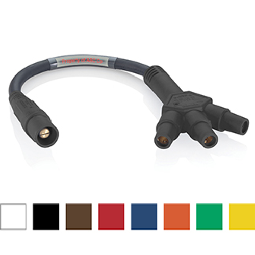 Main product image of 16 Series Cam-Type Taper Nose "Soft" 3-Fer, Male plug to Female/Female/Female Tri-tap, 24" Cable Length, 4/0, 400A Max (Blue)