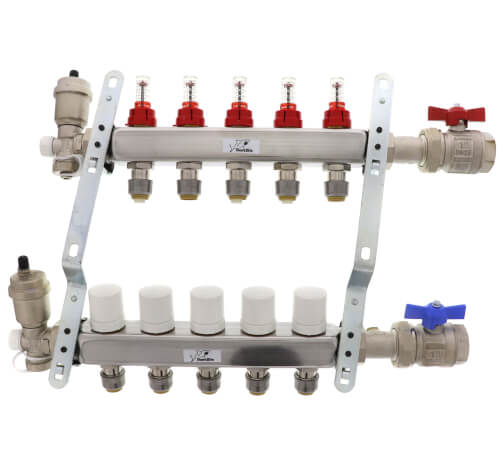 5 Loop Stainless Steel Radiant Heat Manifold w/ 1/2" Sharkbite Loops