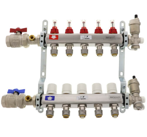 5 Loop Stainless Steel Radiant Heat Manifold w/ 1/2" Sharkbite Loops