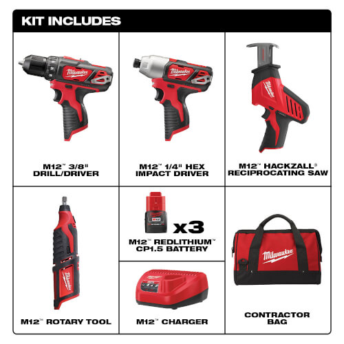 249724 Milwaukee 249724 M12 Cordless LITHIUMION 4Tool Combo Kit