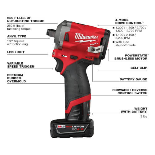 Main product image of M12 Fuel 1/2" Stubby Impact Wrench Kit