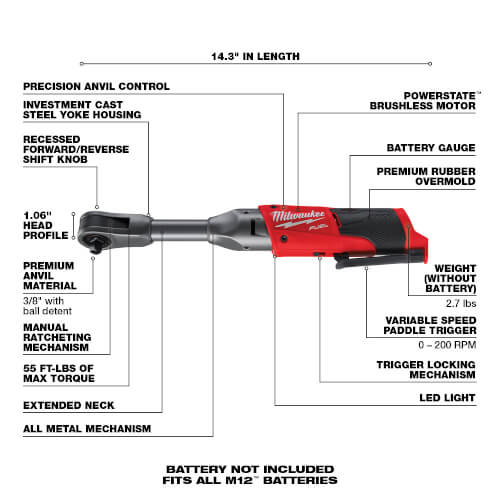 Main product image of M12 FUEL 3/8" Extended Reach Ratchet (Tool Only)