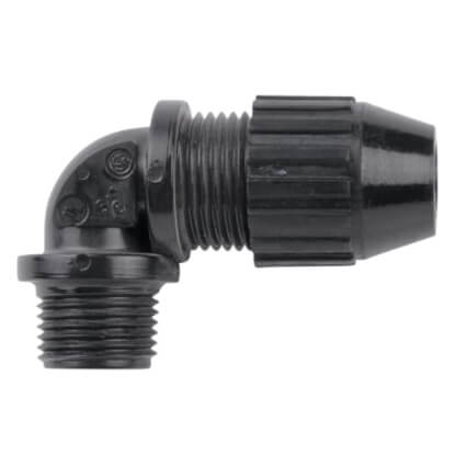 3/4" MNPT Black Nylon Liquid Tight Cord 90-Degree Elbow, .560" to .690" Cord Dia. Range