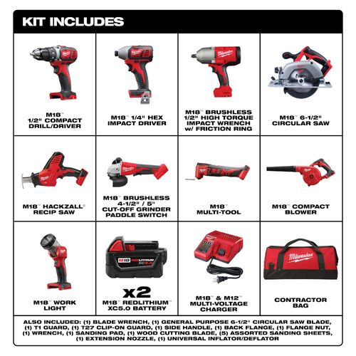 Main product image of M18 Hammer/Driver, Drill, SAWZALL, Circ Saw, Grinder, Light, Impact Wrench Kit