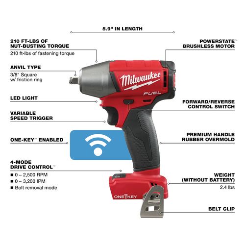 Main product image of M18 Fuel 3/8" Compact Impact Wrench w/ Friction Ring and ONE-KEY (Bare Tool Only)