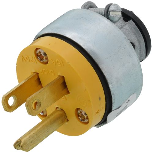 Main product image of Commercial Armored Straight Blade Plug w/ Back Wire, 15A, 2P, 3W, NEMA 5-15P - Yellow (125V)