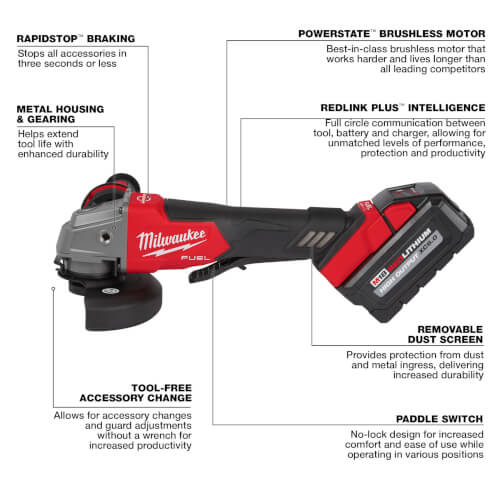 M18 FUEL 4-1/2" / 5" Grinder Paddle Switch, No-Lock Kit w/ M18 Battery Pack, and Rapid Charger