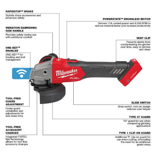 Main product image of M18 FUEL 4-1/2" / 5" Braking Grinder w/ ONE-KEY Slide Switch, Lock-On