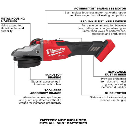 Main product image of M18 FUEL 5" Flathead Braking Grinder, Slide Switch, Lock-On