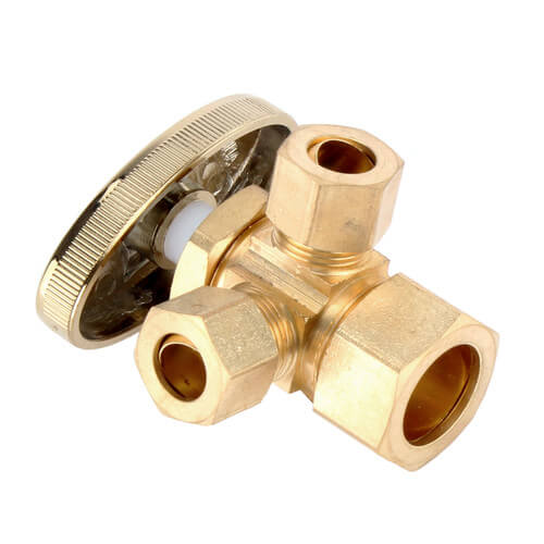 Main product image of 5/8" OD Compression x 3/8" OD Compression x 3/8" OD Compression Dual Angle Stop Valve, Lead Free (Rough Brass)