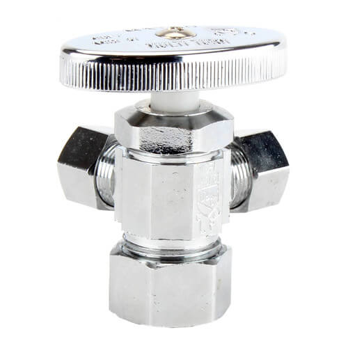 Main product image of 1/2" Nom Compression (5/8" OD) x 3/8" OD Compression x 3/8" OD Compression Dual Angle Stop Valve, Lead Free (Chrome)