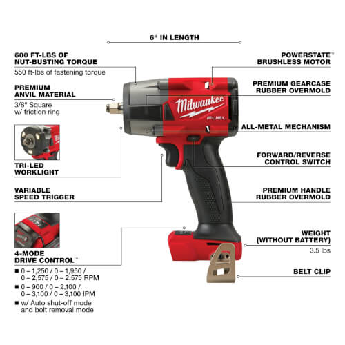 M18 FUEL 3/8" Mid-Torque Impact Wrench w/ Friction Ring (Bare Tool Only)