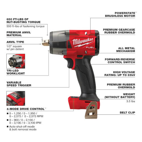Main product image of M18 Fuel 1/2" Mid-Torque Impact Wrench w/ Pin Detent (Bare Tool Only)