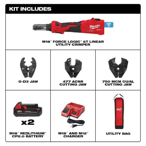 M18 FORCE LOGIC 6T Linear Utility Crimper Kit w/ O-D3 Jaw and Cutting Jaws