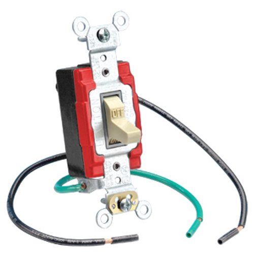 Main product image of 20A, 120/277V Toggle Pigtail Single-pole AC Quiet Switch, Heavy Duty Spec Grade, Grounding, Wire Lead 6-inch Wired (Ivory)