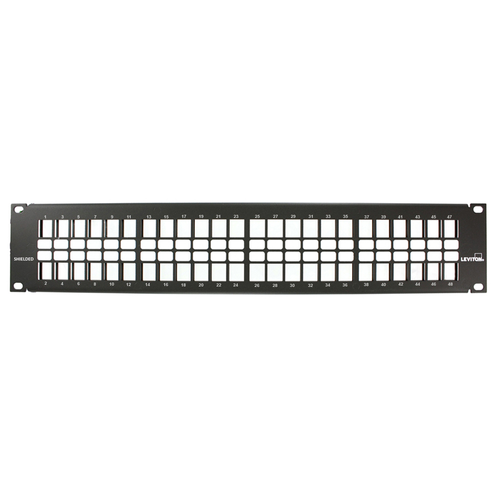 Main product image of Shielded Flat Quickport, Patch Panel w/ Vertical Numbering, 48-port, 2RU (Black) Cable Management Bar Included.