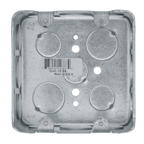 Main product image of 4" x 1-1/2" 2-Gang Steel Square Outlet Box w/ 1/2" & 3/4" Eccentric Knockouts & Ground Bump