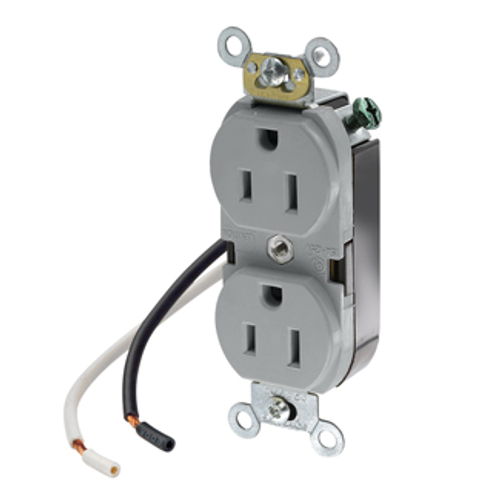 Main product image of Duplex Receptacle Outlet,  Smooth Face, 15A, 125V Pre-Wired Leads (hot and neutral), NEMA 5-15R, 2-Pole, 3-Wire, Self-Grounding, Gray