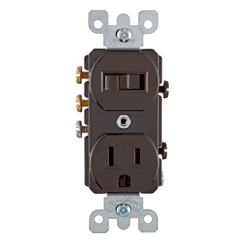 Main product image of 15A, 120V Duplex Style 3-way/5-15r AC Combination Switch, Commercial Grade, Grounding, Side Wired (Brown)