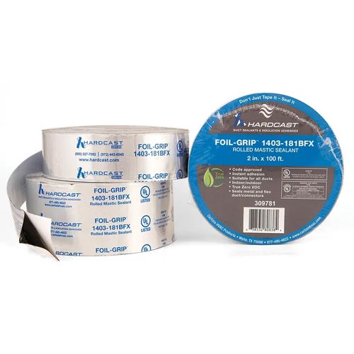 Main product image of Foil-Grip 1403-181BFX Silver Printed Pressure-Sensitive General-Purpose Rolled Mastic Sealant Tape Suitable for Colder Temperatures (2" x 100'), 309781