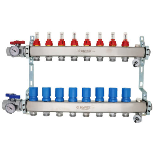 Main product image of 8 Loop 1-1/4" Stainless Steel Manifold w/ Flowmeter & Ball Valve (Fully Assembled)