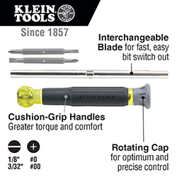 4-in-1 Electronics Screwdriver with Rotating Cap, Phillips, Slotted Bits