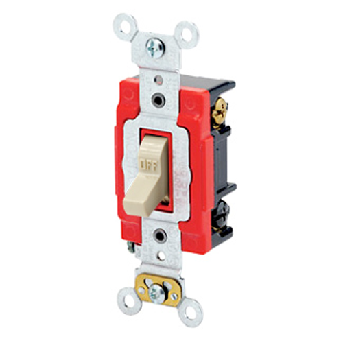 Main product image of 20A, 277V Toggle Lighted Handle, Illuminated Off 3-way AC Quiet Switch, Self Grounding, Back & Side Wired, (Ivory)