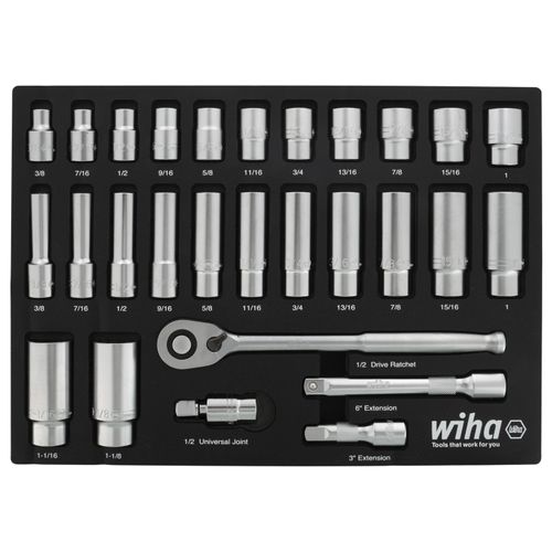 Main product image of 28-Piece, 1/2" Drive Standard and Deep Socket Tray Set - SAE