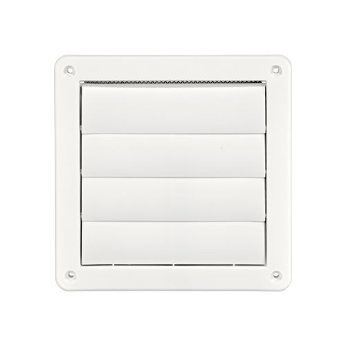 Main product image of 6" White Plastic Louvered Wall Exhaust Vent w/ 1/8" Metal Bug Screen, Flush Mount