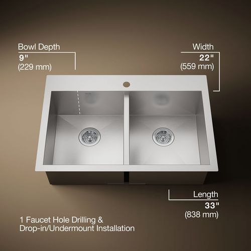 Main product image of Vault 33" 1-Hole Top/Undermount Double Bowl Kitchen Sink, K-3820-1-NA