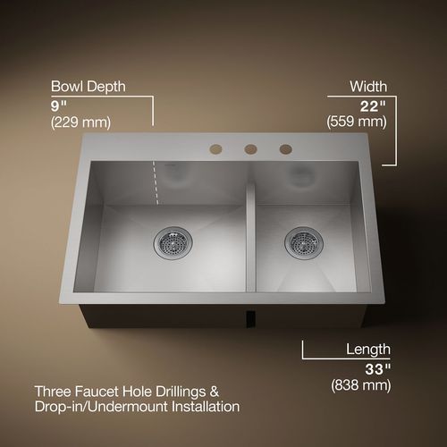 Main product image of Vault Smart Divide 33" 4-Hole Top/Undermount Double Bowl Kitchen Sink, K-3839-3-NA