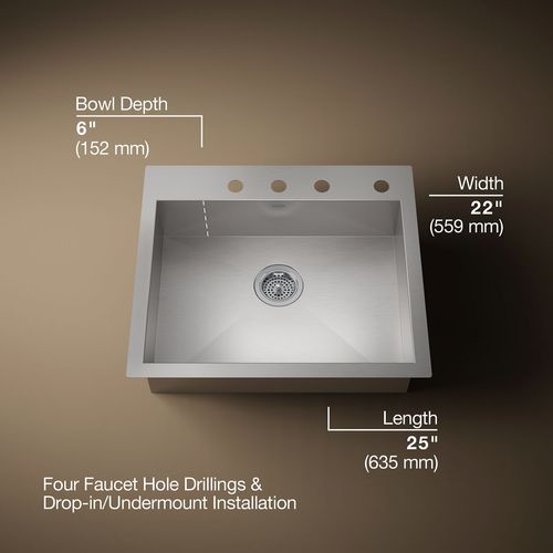 Main product image of Vault 25" 1-Hole Top/Undermount Single Bowl Kitchen Sink, K-3894-4-NA