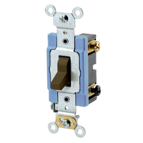 Main product image of 15A, 120/277V Toggle 3-way AC Quiet Switch, Extra Heavy Duty Spec Grade, Self Grounding, Back Wired (Brown)