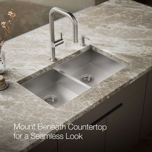 Main product image of Vault 33" 4-Hole Top/Undermount Double Bowl Kitchen Sink, K-3996-4-NA