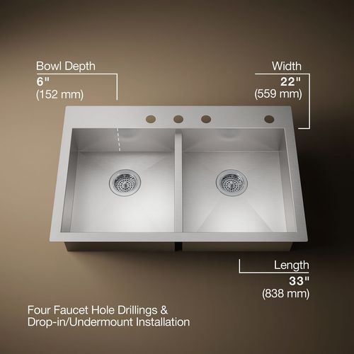 Main product image of Vault 33" 4-Hole Top/Undermount Double Bowl Kitchen Sink, K-3996-4-NA
