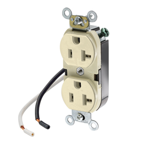 Main product image of Duplex Receptacle Outlet,  Smooth Face, 20A, 125V Pre-Wired Leads (hot and neutral), NEMA 5-20R, 2-Pole, 3-Wire, Self-Grounding (Ivory)
